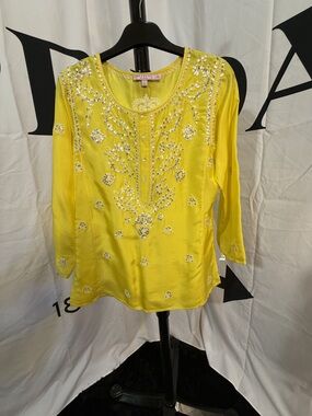 Calypso St. Barth Womens Yellow Silk Tunic Top Size XS Beaded Sequin Embellished